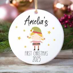 Personalized Baby's First Christmas Pink Elf Ornament Ceramic Bauble Keepsake - thumbnail 2