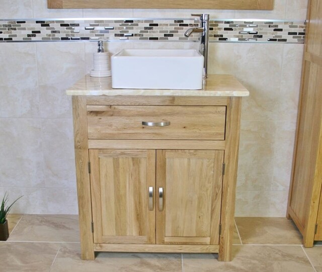 Bathroom Vanity Cabinet - Solid Oak Sink Unit Modern Wash Stand Golden Onyx Top Ceramic Basin 502Gocbc - image 1