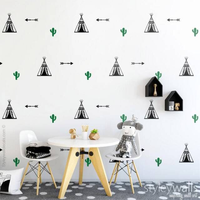 Teepee Wall Decal, Decor, Tribal Cactus Stickers, Arrows Indian Modern Nursery Room Decor - image 1