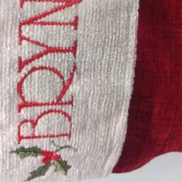 Personalised Christmas Stocking, Handmade With Luxury Chenille Fabric in Traditional Red & Cream Colours Embroidered Green - thumbnail 2