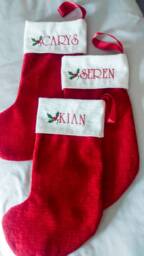 Personalised Christmas Stocking, Handmade With Luxury Chenille Fabric in Traditional Red & Cream Colours Embroidered Green - thumbnail 1