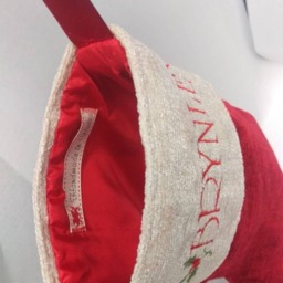Personalised Christmas Stocking, Handmade With Luxury Chenille Fabric in Traditional Red & Cream Colours Embroidered Green - thumbnail 3