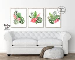Tropical Leaf Print, Set Of 3 Prints, Pink & Green Leaves, Botanical Wall Art, Decor, Theme Decor - thumbnail 1