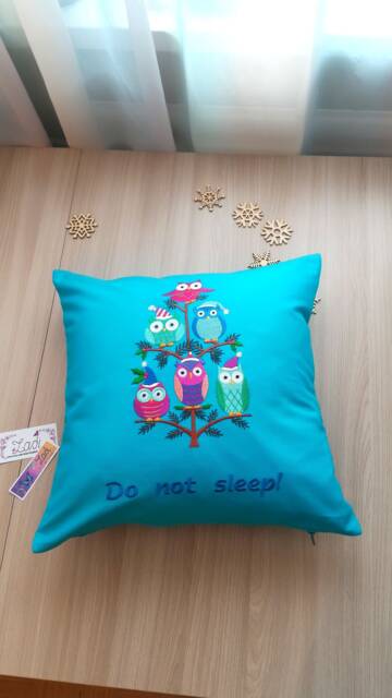 "Blue Linen Decorative Pillow With Embroidery ""Owls On The Tree" - image 1