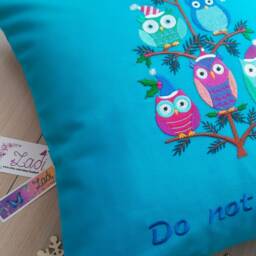 "Blue Linen Decorative Pillow With Embroidery ""Owls On The Tree" - thumbnail 3