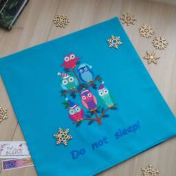 "Blue Linen Decorative Pillow With Embroidery ""Owls On The Tree" - thumbnail 4