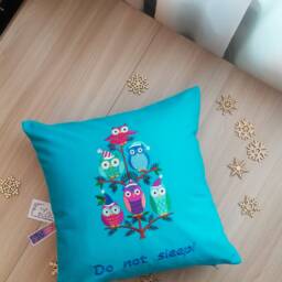"Blue Linen Decorative Pillow With Embroidery ""Owls On The Tree" - thumbnail 2