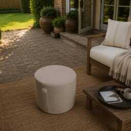 Natural Linen Round Pouf, Scandinavian Floor Cushion, Minimalist Ottoman, Boho Seating - thumbnail 2