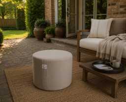 Natural Linen Round Pouf, Scandinavian Floor Cushion, Minimalist Ottoman, Boho Seating - thumbnail 1