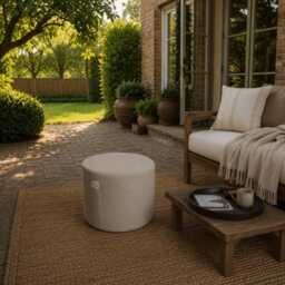 Natural Linen Round Pouf, Scandinavian Floor Cushion, Minimalist Ottoman, Boho Seating - thumbnail 3
