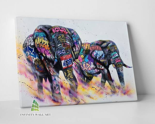 Graffiti Elephant Canvas Art Wall Print Picture Banksy Style Framed Animal Decor -D44 - image 1