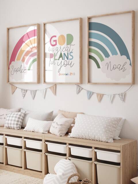 Rainbow Bedroom Prints, Set Of 3 Bible Girls Decor, Nursery Christian Wall Art, Playroom - image 1