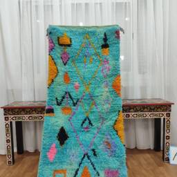 Handmade Moroccan Wool Runner Rug - Tribal Berber Style in Blue - thumbnail 2