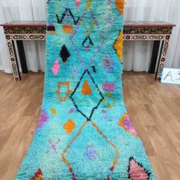 Handmade Moroccan Wool Runner Rug - Tribal Berber Style in Blue - thumbnail 3