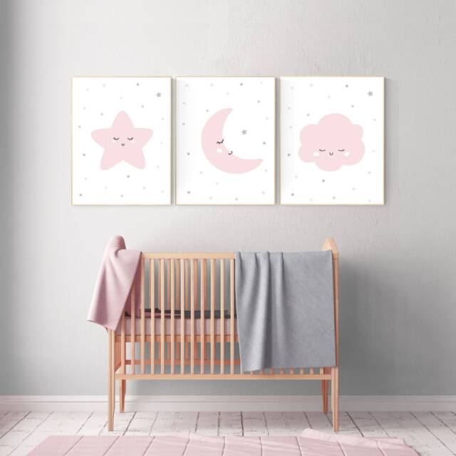Pink & Grey Nursery Wall Art Moon, Star, Cloud Print - image 1