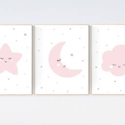 Pink & Grey Nursery Wall Art Moon, Star, Cloud Print - thumbnail 2