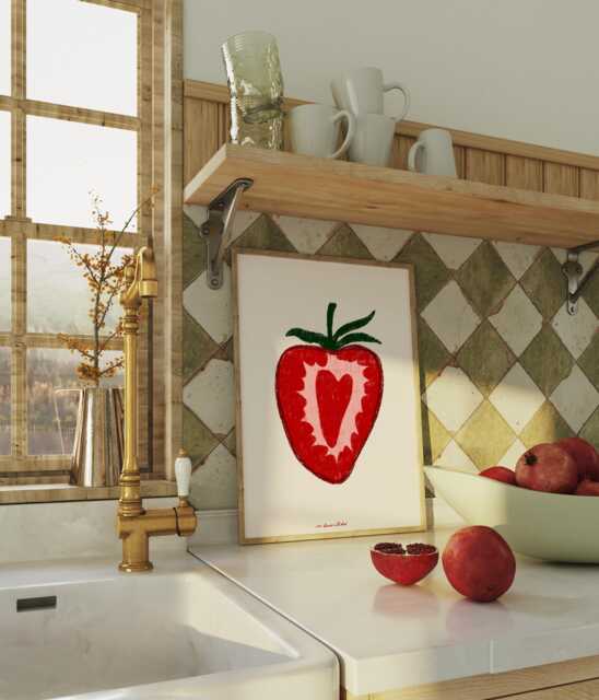 strawberry Art Print, Retro Kitchen Wall Decor, Whimsical Food Illustration - image 1