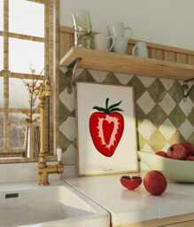 strawberry Art Print, Retro Kitchen Wall Decor, Whimsical Food Illustration - thumbnail 1