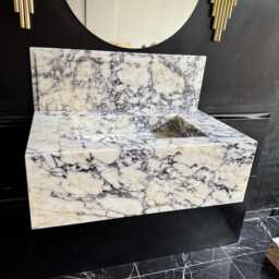 Handmade Calacatta Viola Marble Sink, Wall Mount Ribbed Basin - thumbnail 3