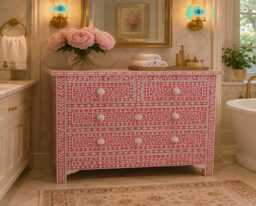 Bone Inlay Pink Floral Pattern Chest Of 5 Drawers , Wardrobe Cabinet