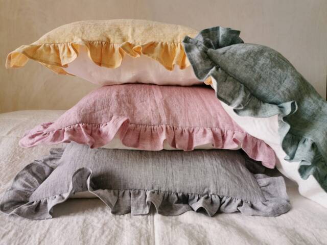 Ruffled Linen Pillow Case, Reversible - Farmhouse Chic Pillow Sham With Small Ruffles Queen King Bedding Decor - image 1