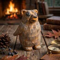 Whimsical Hand Carved Wooden Bear Figurine, Cute Grizzly Statue, Rustic Forest Animal Decor, Unique Wood Anniversary Gift, Nursery Art