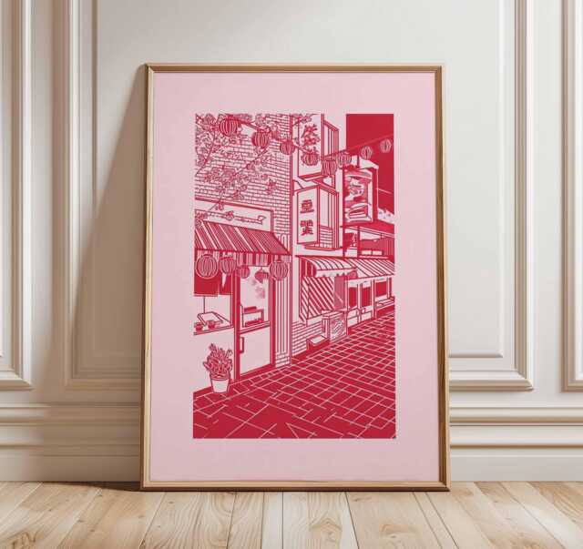 Red Japanese Street Art Print, Tokyo Alley Line Poster, Minimalist Duotone Asian Decor, Pink Aesthetic Wall - image 1