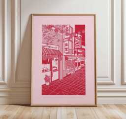 Red Japanese Street Art Print, Tokyo Alley Line Poster, Minimalist Duotone Asian Decor, Pink Aesthetic Wall - thumbnail 1
