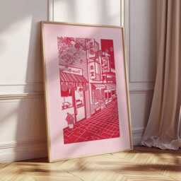 Red Japanese Street Art Print, Tokyo Alley Line Poster, Minimalist Duotone Asian Decor, Pink Aesthetic Wall - thumbnail 2