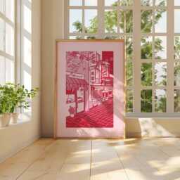 Red Japanese Street Art Print, Tokyo Alley Line Poster, Minimalist Duotone Asian Decor, Pink Aesthetic Wall - thumbnail 3