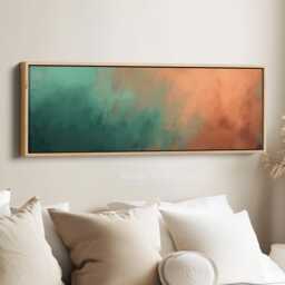 Terracotta Green Wall Art Long Horizontal Abstract Canvas With Teal & Clay Tones For Modern Living Room Bedroom Or Hallway Decor