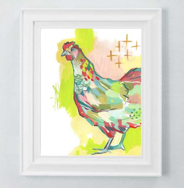Ms. Chicken - Funky Art Print Farmhouse Wall Decor Bright Colorful Painting - image 1