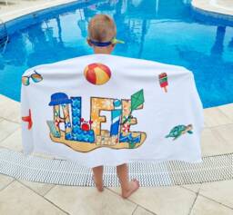 Personalised Beach Towel, Matching Bag & Swimming Towel, First Holiday For Kids, School Bag, Bath Bag