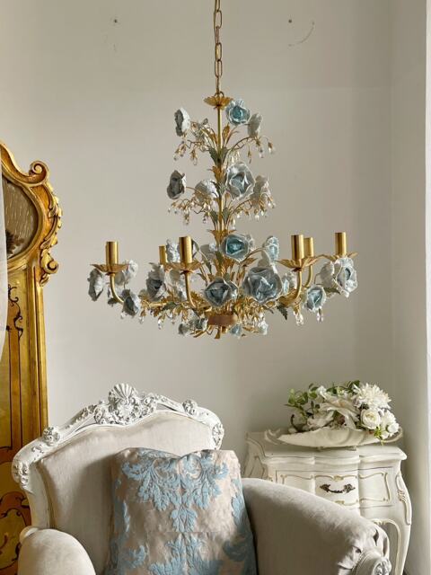 Italian Hand Forged Wrought Iron 8 Lights Gold Leaf Chandelier Porcelain Clear Blue Peonies & Crystals - image 1