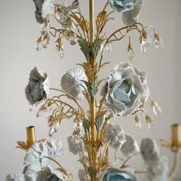 Italian Hand Forged Wrought Iron 8 Lights Gold Leaf Chandelier Porcelain Clear Blue Peonies & Crystals - thumbnail 2