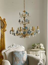 Italian Hand Forged Wrought Iron 8 Lights Gold Leaf Chandelier Porcelain Clear Blue Peonies & Crystals - thumbnail 1