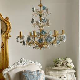 Italian Hand Forged Wrought Iron 8 Lights Gold Leaf Chandelier Porcelain Clear Blue Peonies & Crystals - thumbnail 2