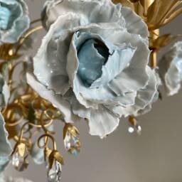 Italian Hand Forged Wrought Iron 8 Lights Gold Leaf Chandelier Porcelain Clear Blue Peonies & Crystals - thumbnail 3