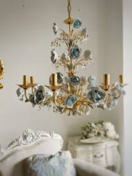 Italian Hand Forged Wrought Iron 8 Lights Gold Leaf Chandelier Porcelain Clear Blue Peonies & Crystals - thumbnail 4