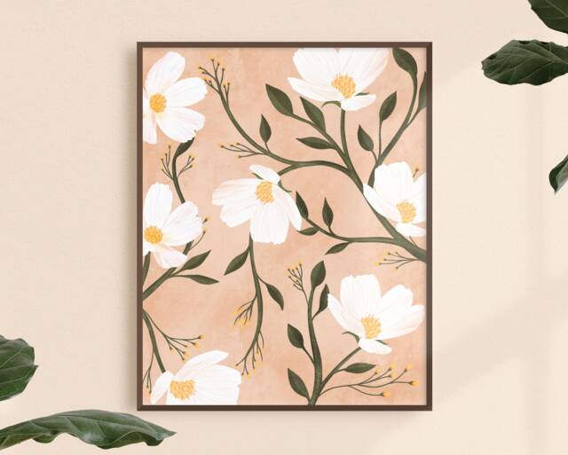 White Floral Art Print Botanical Leaves Poster - image 1
