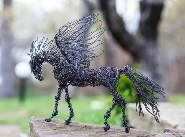 Black Horse Art, Wired Animal, Art Sculpture, Brass Deco Home Decor, Pegasus Figure - image 1