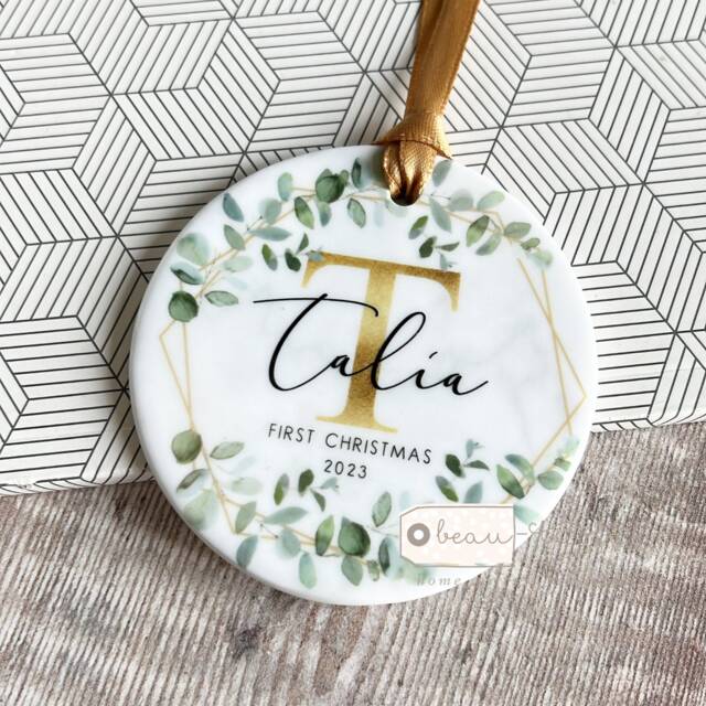 Personalised First Christmas Gift Baby Boy Girl Geometric Greenery Leaf Design Ceramic Or Acrylic Round Ornament Keepsake - image 1