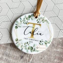 Personalised First Christmas Gift Baby Boy Girl Geometric Greenery Leaf Design Ceramic Or Acrylic Round Ornament Keepsake - thumbnail 1