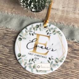 Personalised First Christmas Gift Baby Boy Girl Geometric Greenery Leaf Design Ceramic Or Acrylic Round Ornament Keepsake - thumbnail 3
