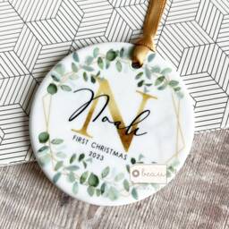 Personalised First Christmas Gift Baby Boy Girl Geometric Greenery Leaf Design Ceramic Or Acrylic Round Ornament Keepsake - thumbnail 2
