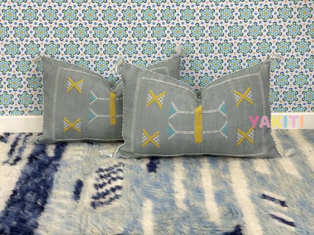 Yakiti-Grey Silk Moroccan Pillows, Aka Cactus Pillow, Decorative Pillows, Sabra Pillows, Moroccan Decor Designer Cactus - image 1