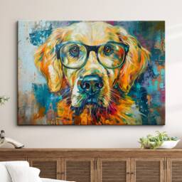 Golden Retriever Wearing Glasses Painting Framed Poster Print & Canvas Wall Decor Art Home Living Room Dog Gift Idea Pet - thumbnail 1