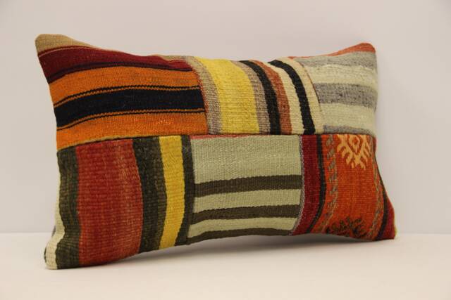 Vintage Turkish Kilim Pillow Cover, Wool Patchwork Lumbar Cushion - 12x20 In - image 1