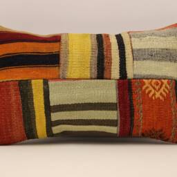 Vintage Turkish Kilim Pillow Cover, Wool Patchwork Lumbar Cushion - 12x20 In - thumbnail 2