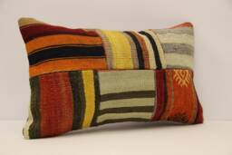 Vintage Turkish Kilim Pillow Cover, Wool Patchwork Lumbar Cushion - 12x20 In